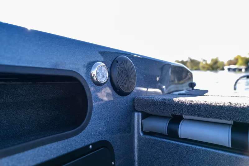 Close-up of a chrome courtesy light and a round speaker mounted on the interior side panel, with water in the background.