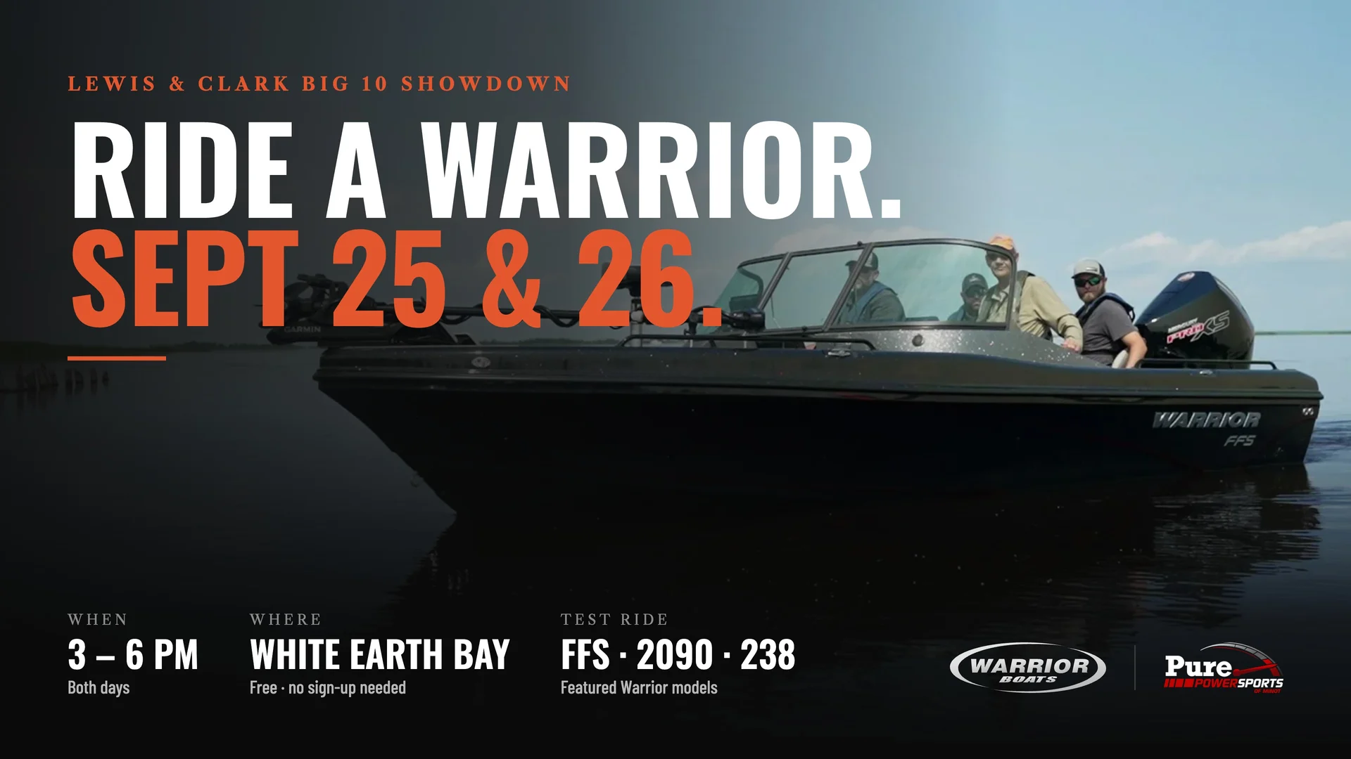 Ride a Warrior, September 25 and 26: the Lewis & Clark Big 10 Showdown test ride poster, with the Warrior FFS on the water and the event details.