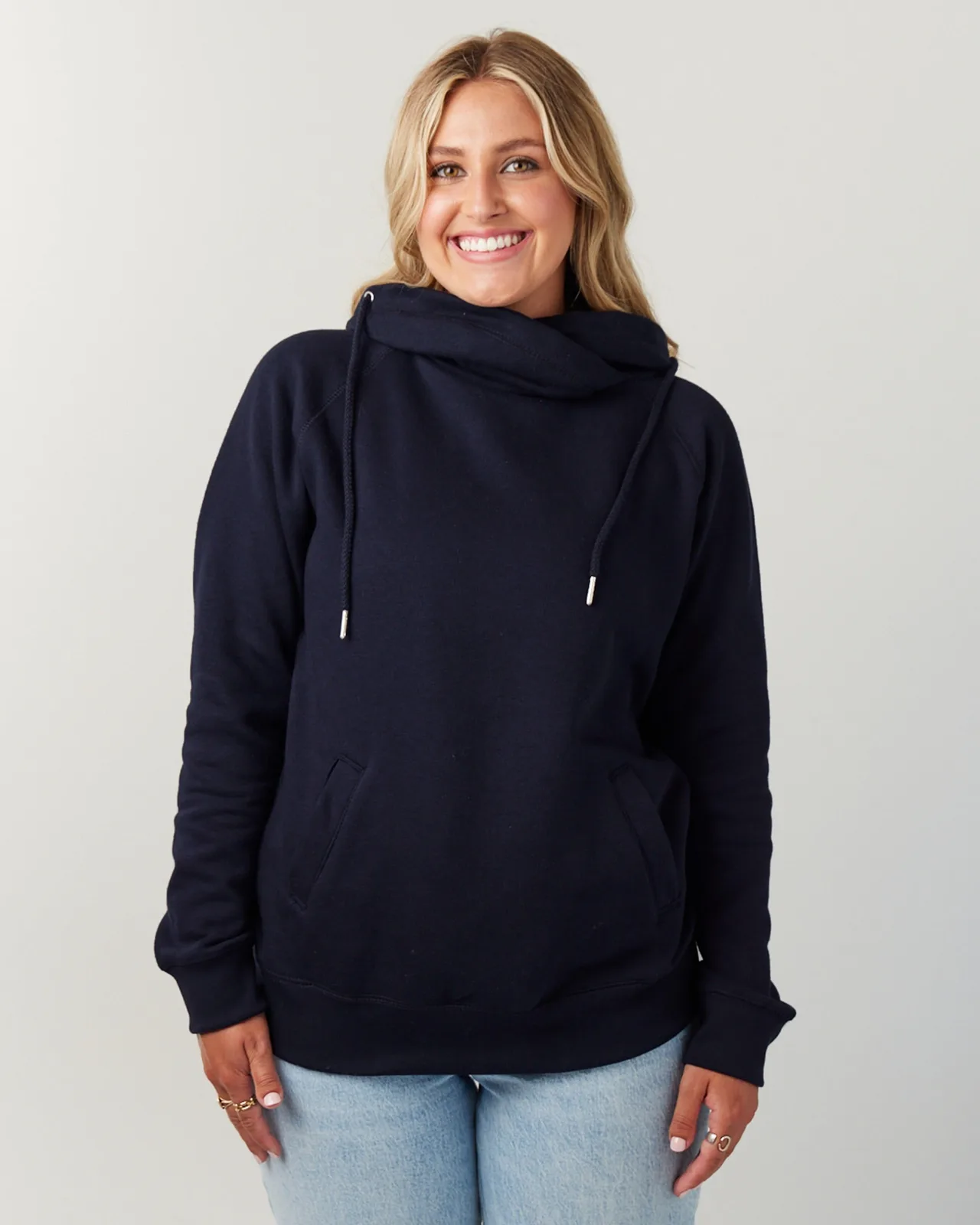 Ladies Classic Fleece Funnel Neck Pullover Hood Navy